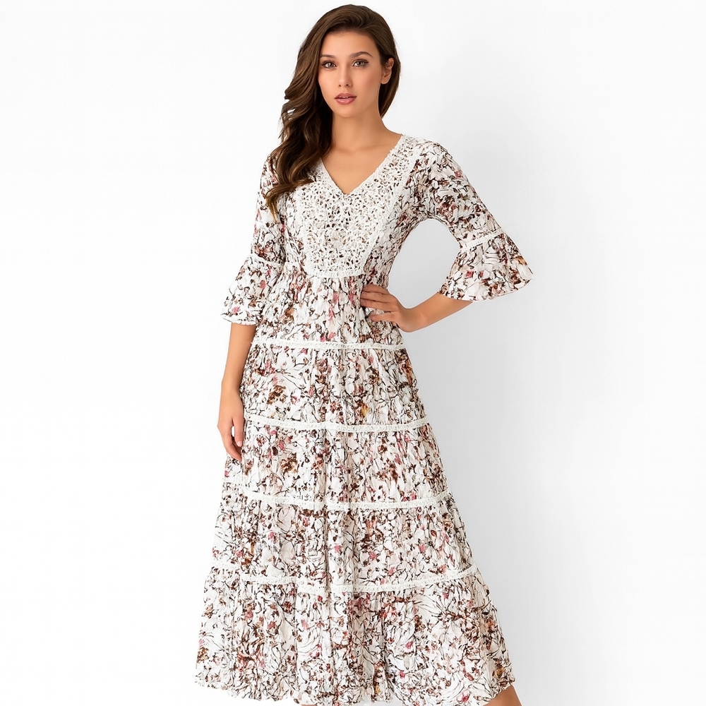 NWT Etnik Esintiler Floral Maxi Dress Lined Crochet Bodice Cream